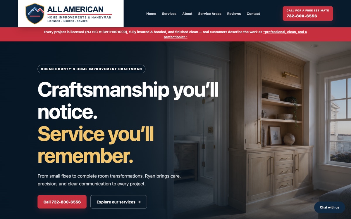 Desktop view of the All American Home Improvements website home page